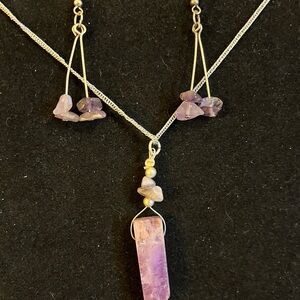 Purple amethyst necklace and dangle earrings set on a silver tone chain 18”